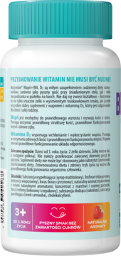 Tył białej butelki Bodymisie Wapń+D3 żelki, turkusowa zakrętka, napis 'bez cukru', ikony smaku i wieku.