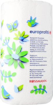 Biały 2-warstwowy ręcznik kuchenny europrofiti Rossmann z wycinanym, zielono-niebieskim wzorem roślin i ptaków.