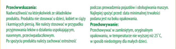 Zielony tekst ulotki Valused Control z przeciwwskazaniami i przechowywaniem na jasnym tle.