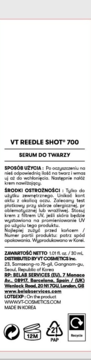 Tył opakowania serum VT REEDLE SHOT® 700 z białej etykiety, instrukcje w języku polskim, symbole recyklingu.
