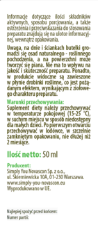 Tył etykiety suplementu diety Igastrik 50ml. Białe tło, zielony tekst. Opis, warunki przechowywania i producent po polsku.