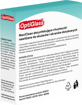 OPTI GLASS MaxiClean ,chusteczki dezynfekujące nawilżane do okularów i ekranów dotykowych,lewa