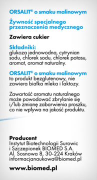Panel informacyjny Orsalit malinowy: żywność medyczna, składniki (glukoza, sód), bezglutenowy, dane producenta.