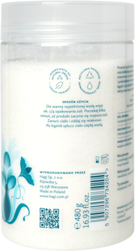Tył słoja Hagi Aqua Whisper, soli do kąpieli 480g. Widoczne instrukcje, kod kreskowy i delikatna niebieska grafika roślinna.