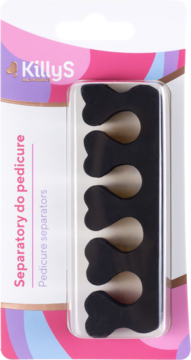 Separator do pedicure KillyS, czarny, z miękkiej pianki, w opakowaniu z kolorową grafiką. Widok z przodu.