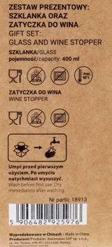 Tylna strona opakowania zestawu: szklanka 400ml i korek do wina. Widoczne ikony pielęgnacji, kod kreskowy.