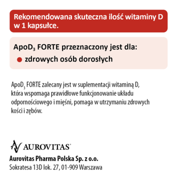 ApoD₃ FORTE suplement witaminy D dla dorosłych. Białe tło, czerwony nagłówek i różowy panel z opisem korzyści.
