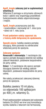 Biała ulotka informacyjna ApoD krople, czarno-pomarańczowy tekst o witaminie D, dawkowaniu dla dzieci.