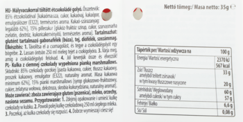 Kulki z czekolady i pianki marshmallow na białym tle, obok etykieta z opisem i wartościami odżywczymi.