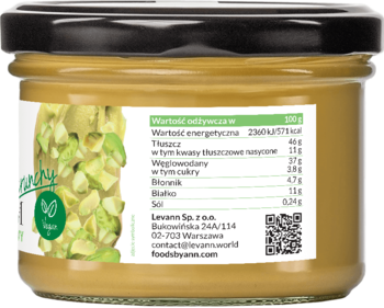 Tył słoika kremu pistacjowego crunchy Foods by Ann z tabelą wartości odżywczych na jasnej etykiecie.