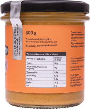 Tył słoika Ekogram The Real Peanut Taste BIO masła orzechowego, etara etykieta z wartościami odżywczymi.
