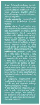 Etykieta VOCARIN LACTI Spray do gardła o smaku malinowo-miętowym, z instrukcją na turkusowym tle.