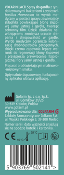 Tył opakowania VOCARIN LACTI Spray do gardła, wyrób medyczny o smaku malinowo-miętowym. Widoczne symbole.