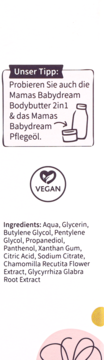 Informacje o Płatkach na brodawki Babydream Mamas: lista składników (rumianek, lukrecja, pantenol), logo Vegan, rekomendacja.