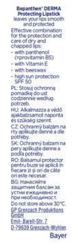Tekst z opakowania Bepanthen® Derma Lipstick SPF 50 o ochronie ust, składnikach i stosowaniu w wielu językach.