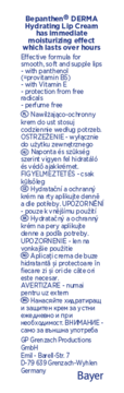 Tył opakowania Bepanthen DERMA Hydrating Lip Cream, niebieski tekst z instrukcjami i składem w wielu językach.