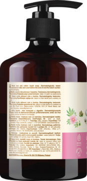 Tył butelki mydła w płynie Green Pharmacy z różą i bawełną. Bursztynowa butelka z czarną pompką.