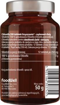 Tył brązowej butelki Chlorella Oczyszczanie FoodWell 200 tabletek, widoczna etykieta ze składem i masą 50g.