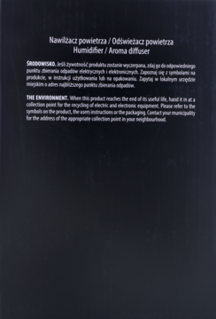 Czarna karta produktu z białym tekstem: Nawilżacz powietrza/Aroma diffuser, instrukcje utylizacji.