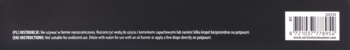 Tył ciemnego opakowania produktu z białym tekstem informacyjnym po lewej stronie i widocznym kodem kreskowym po prawej.