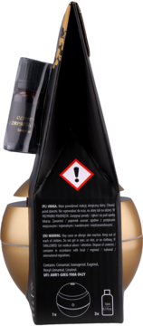 Tył stożkowego, czarnego opakowania zestawu z olejkiem eterycznym i złotym dyfuzorem, widoczne ostrzeżenia alergiczne.