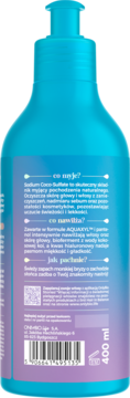 Tył turkusowego szamponu OnlyBio Hydra 400ml z fioletową etykietą i opisem działania, składu i zapachu.