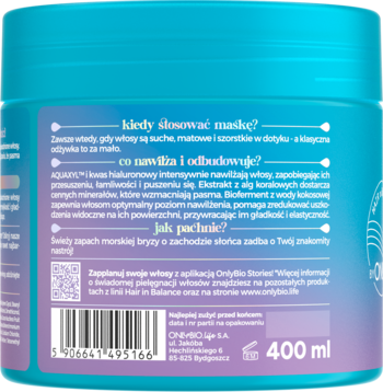 Tył maski do włosów OnlyBio Hair in Balance 400ml z etykietą opisującą działanie nawilżające i odbudowujące.
