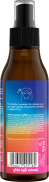 Tył brązowej butelki mgiełki OnlyBio Hair in Balance, etykieta z listą składników, kodem, 150ml, efekt tafli.