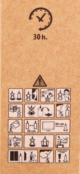 Etykieta brązowa z symbolami bezpieczeństwa świec: czas palenia 30h, ostrzeżenia przed ogniem, dziećmi. Pełny widok.