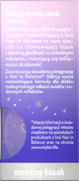 Plakat OnlyBio Hair in Balance olejku mroźny blond. Różowo-fioletowe tło z białymi gwiazdkami i tekstem.