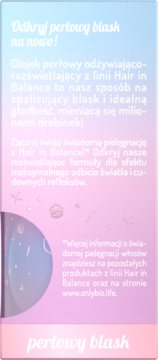Reklama olejku perłowego OnlyBio Hair in Balance, z różowo-niebieskim gradientem i tekstem o opalizującym blasku.