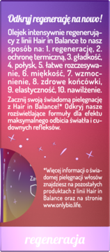 OnlyBio Hair in Balance intensywnie regenerujący olejek do włosów, fioletowo-różowa ulotka z listą 10 korzyści.