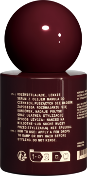 Tył ciemnobrązowego rozświetlającego serum do włosów z olejem marula, biała etykieta z instrukcjami.