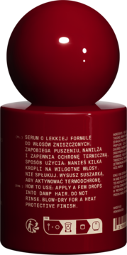 Tył ciemnoczerwonego serum do włosów Heiki o lekkiej formule z tekstem i instrukcją użycia, widok z bliska.