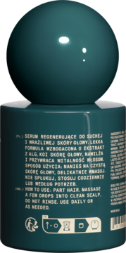 Tył ciemnoturkusowej butelki odżywiającego serum Heiki do suchej i wrażliwej skóry głowy z instrukcją użycia.