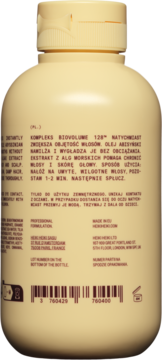 Tył jasnożółtej butelki odżywki zwiększającej objętość z BIOVOLUME 128, polskie teksty i kod kreskowy.