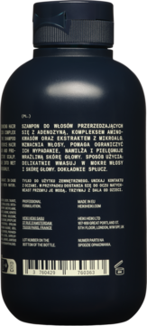 Tył butelki ciemnego szamponu Heiki Heiki wzmacniającego włosy, z polskim tekstem i kodem kreskowym.