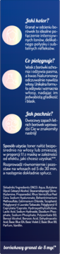 Toner do włosów OnlyBio Borówkowy, tył opakowania. Opis granatowego koloru, pielęgnacji, składu i użycia.