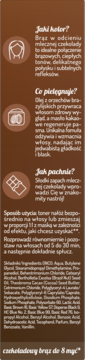 Etykieta tonera do włosów 'czekoladowy brąz do 8 myć', z opisem koloru, pielęgnacji i zapachu.