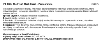 Etykieta maski It's Skin Pomegranate, instrukcje, składniki, opis. Tekst na białym tle.