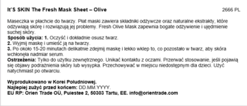 Etykieta IT'S SKIN Fresh Mask Sheet Olive: tył opakowania z polskim opisem, instrukcją użycia i ostrzeżeniami.
