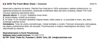 Tekstowy opis maski w płachcie IT'S SKIN Coconut: zastosowanie, składniki, ostrzeżenia, dane producenta.