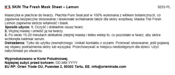 Polska ulotka maski rozświetlającej It's Skin Fresh Mask Sheet Lemon. Czarny tekst, instrukcja użycia, ostrzeżenia.