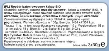 ROOBAR ,baton owocowy, kakao, Bio,lewa