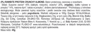 Tył opakowania batona Rawbite Protein Crunchy Almond z pełnym składem i wartościami odżywczymi.