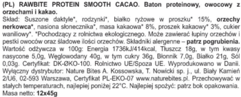 Tył opakowania batona Rawbite Protein Smooth Cacao, czarny tekst z listą składników i wartościami odżywczymi.