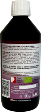 Tył ciemnej butelki Joy Day Koncentrat Probiotyczny Cardio Up Burak 0.5L, biała nakrętka, polska etykieta z tekstem i symbolami ekologicznymi.