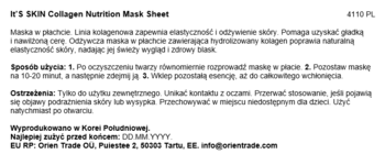It's Skin Collagen Nutrition Mask Sheet, instrukcja i opis produktu na białej kartce, widok z góry.