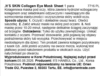 Tył białego opakowania masek kolagenowych JR'S SKIN Collagen Eye Mask Sheet z czarnym tekstem informacyjnym.
