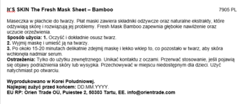 Tekstowa etykieta maski It's Skin Fresh Sheet Mask Bamboo: opis, instrukcje i dane producenta po polsku.